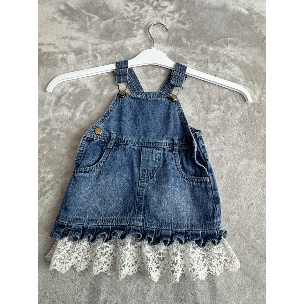 Shyanne‎ Baby Girls Denim Overall Dress Lace Trim Ruffle Hem Blue 6-9M BB-11